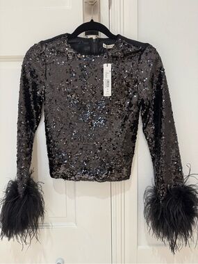 Alice + Olivia Black Sequin Long-Sleeve Top with Feather Cuffs